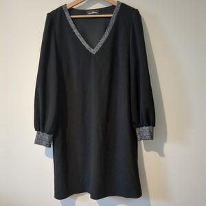 Sam Edelman Black & Silver Deep-V Bishop Long Sleeve Shift Dress Size 10